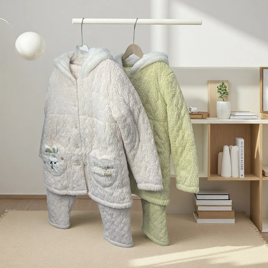 31665连帽冬季加厚夹棉可外穿保暖睡衣可调节腰带孕妇家居服厚