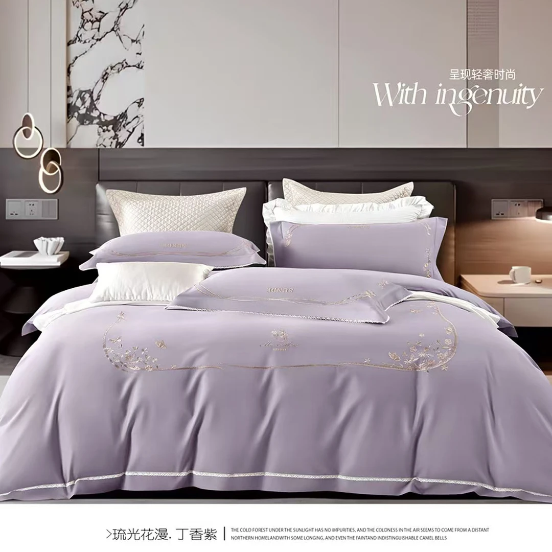 琉光细纱高密度长绒棉磨毛精美刺绣+蕾丝花边设计 100%棉四件套