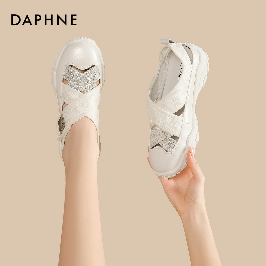 达芙妮品牌正品浅口单鞋女款2025秋季休闲鞋网面镂空透气运动凉鞋