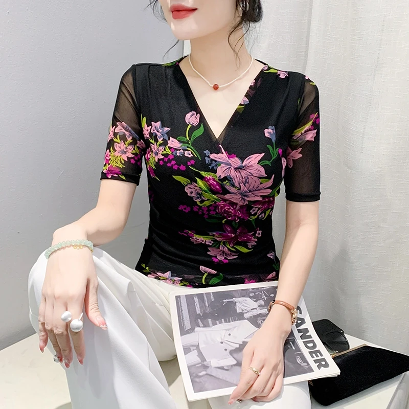 2025新款印花打底衫网纱上衣女修身套头外穿内搭T恤潮