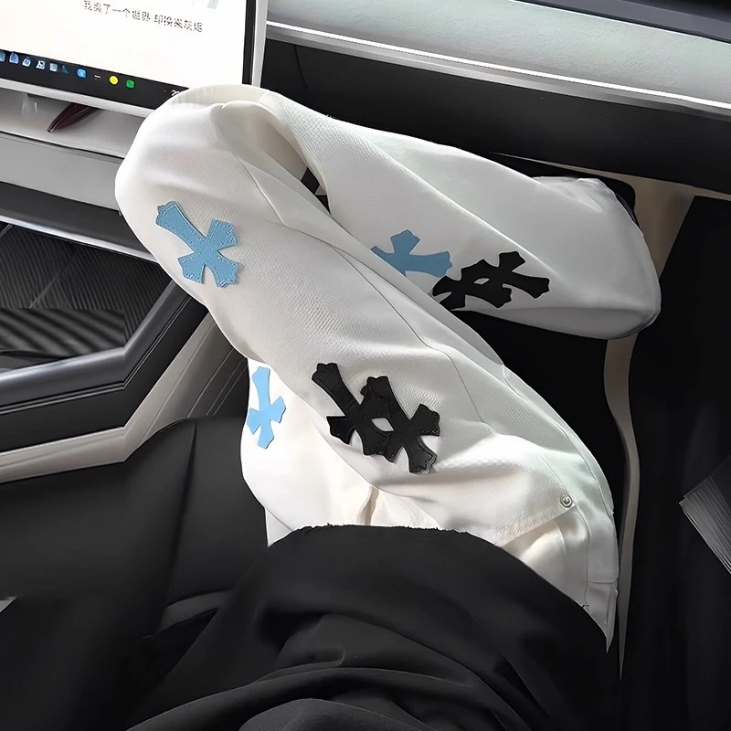 白色十字架牛仔裤男款美式微喇修身弹力显瘦高腰提档cleanfit裤子