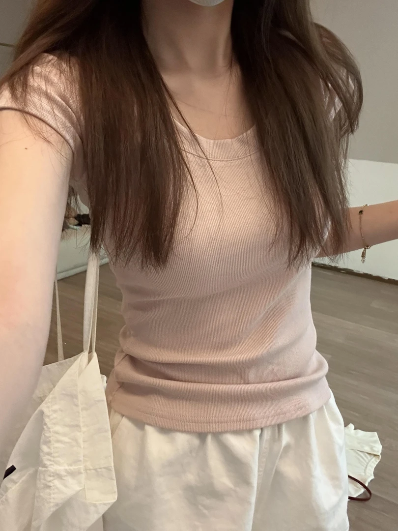 不挑身材！基础款小飞袖u领T恤女夏季百搭收腰显瘦短袖正肩上衣服