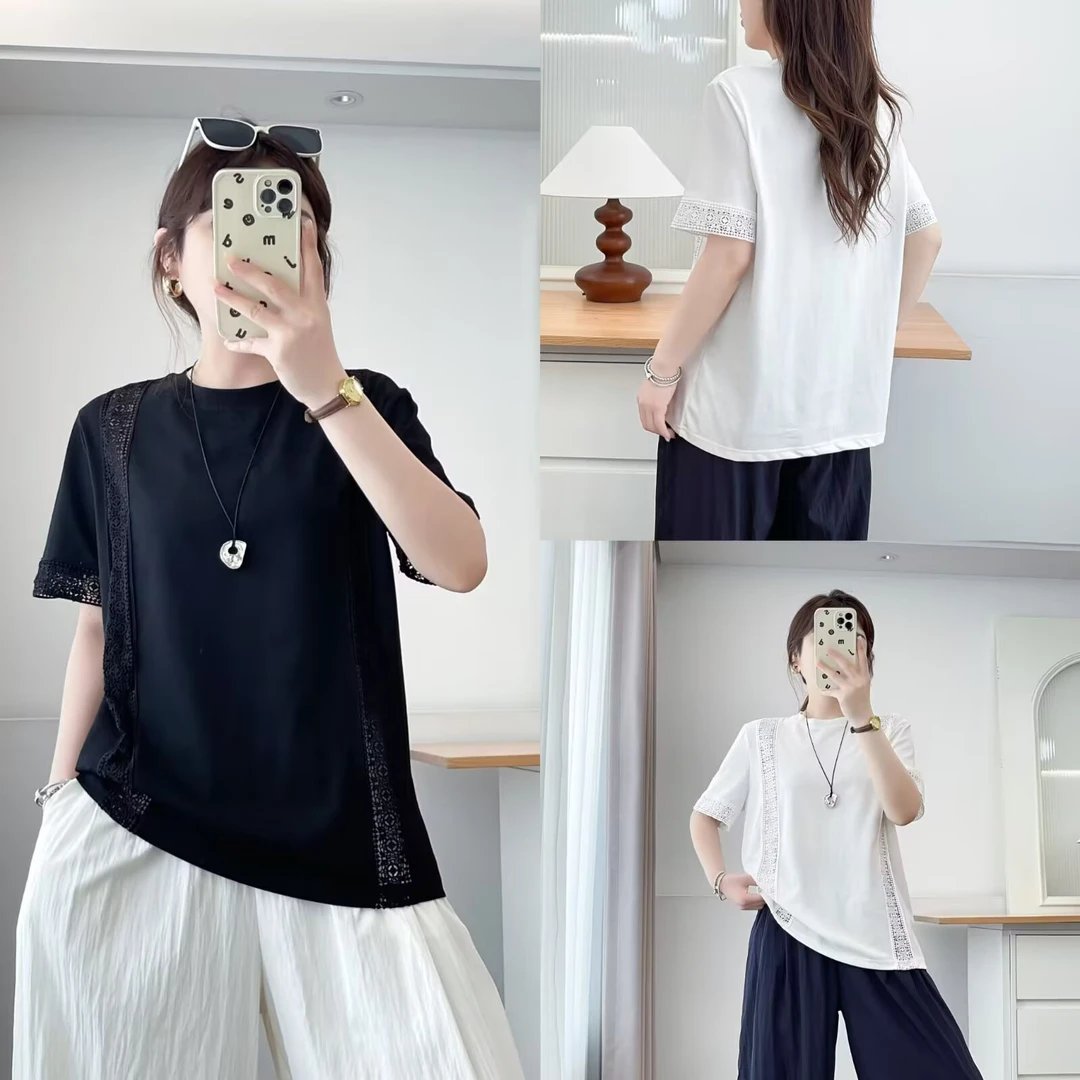 夏季新款设计师花边圆领拼接镂空大码洋气显瘦短袖T恤女