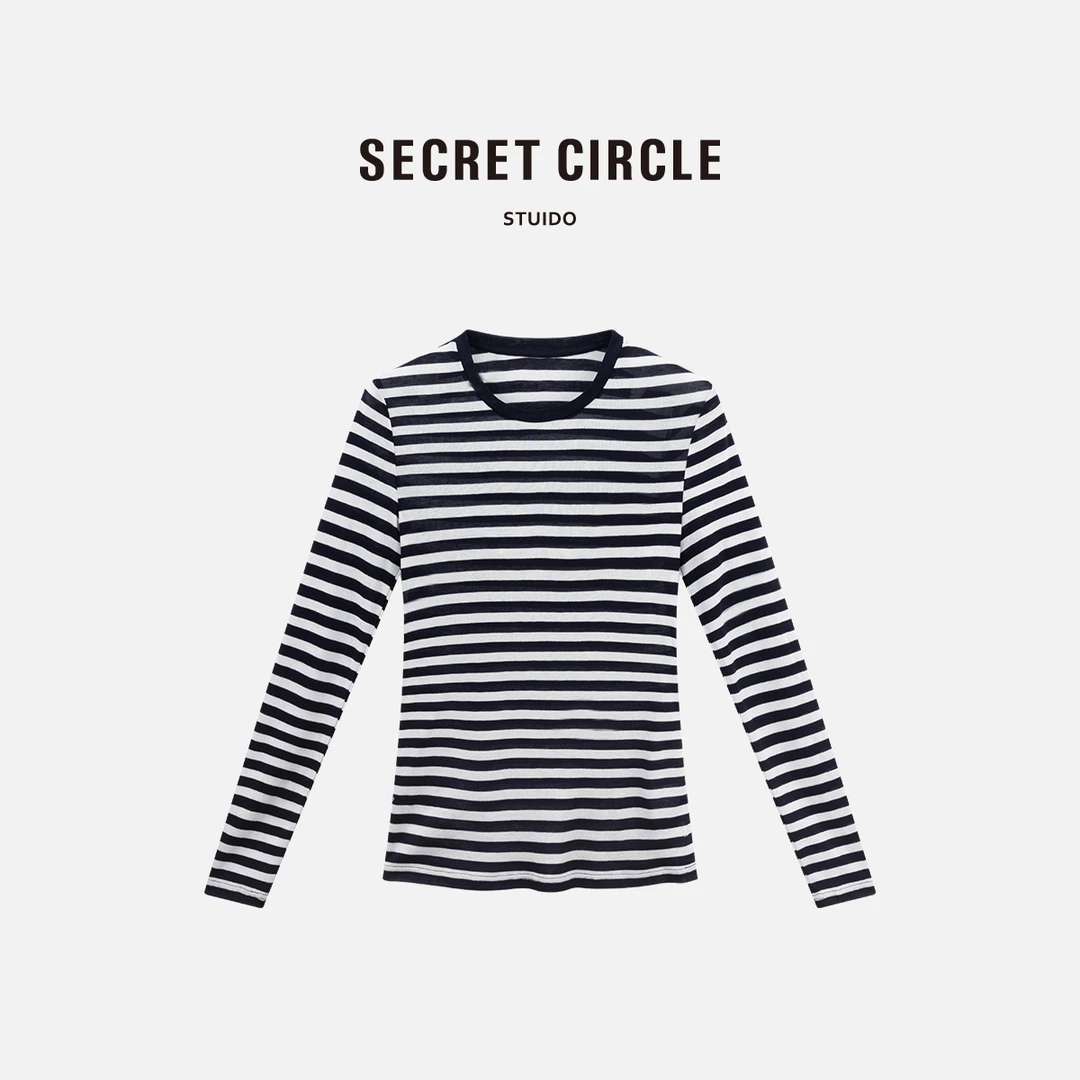 SECRET CIRCLE·秘社 感条纹长袖T恤女士经典圆领宽松打底衫 A0546