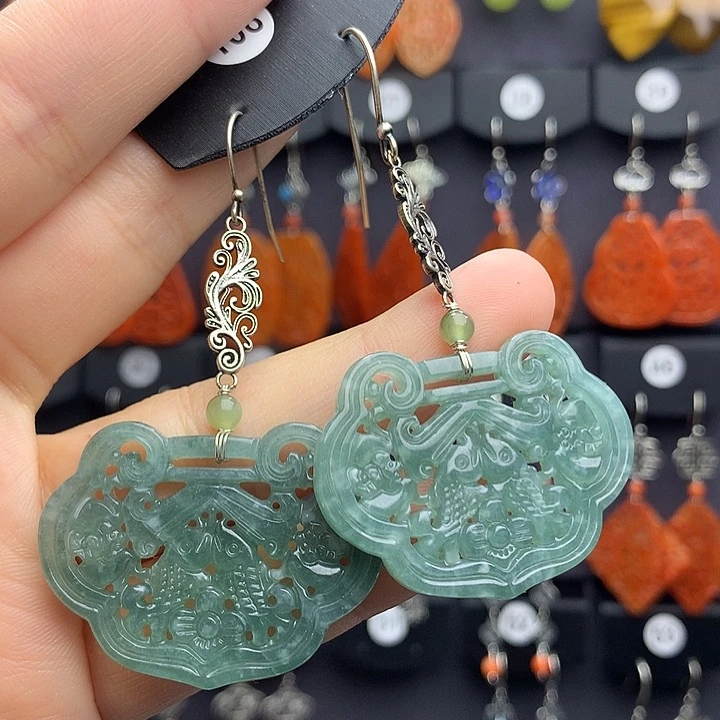 翡翠耳饰银S925镶嵌宝**心55555