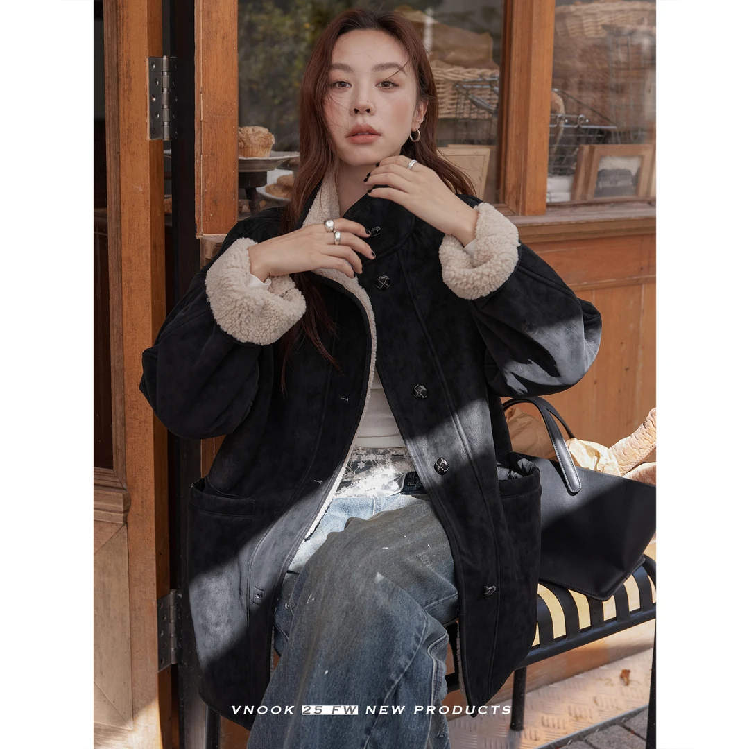 vnook皮毛一体羊羔毛大衣外套女立领2025新款秋冬中长款加厚上衣