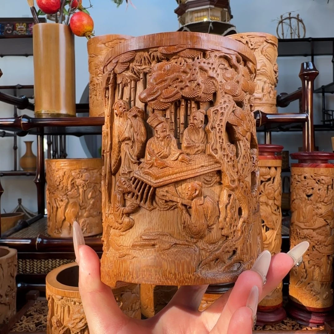 香榧木竹林七贤中号笔筒