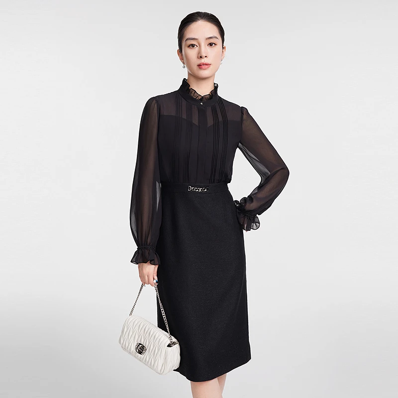 赢智尚黑色灯笼袖荷叶领优雅连衣裙2025春新款职场显瘦ZF03156