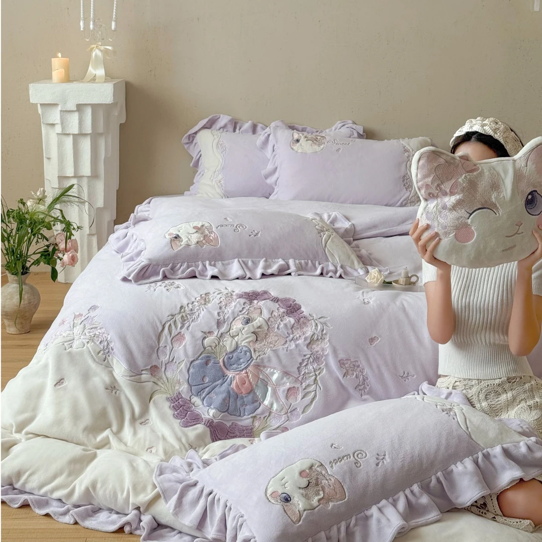 慕斯绒 仙灵紫猫高品质牛奶绒四件套少女心 超软加厚双面毛绒床品