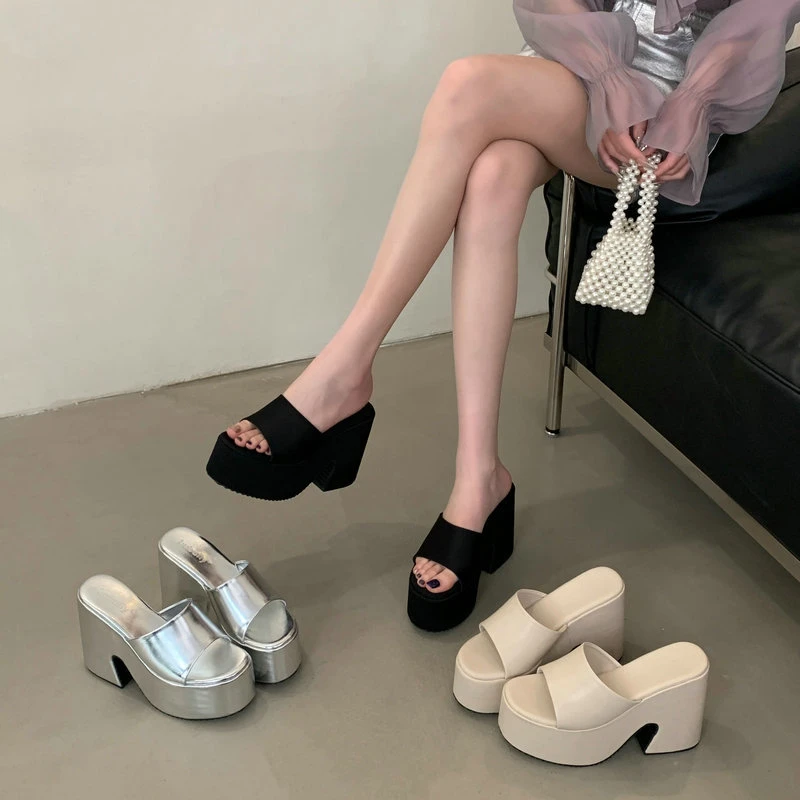 坡跟女鞋一字拖鞋12超高跟鞋增高鱼嘴外穿厚底松糕鞋百搭凉拖鞋