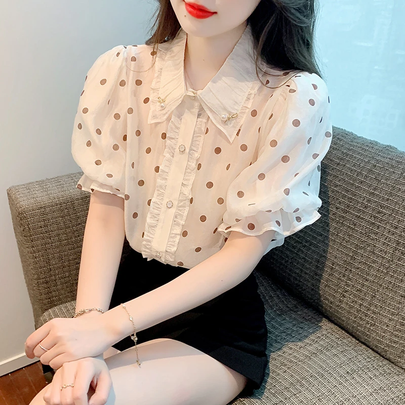 小个子娃娃领波点泡泡袖上衣女夏季2025新款法式温柔垂感雪纺衬衫