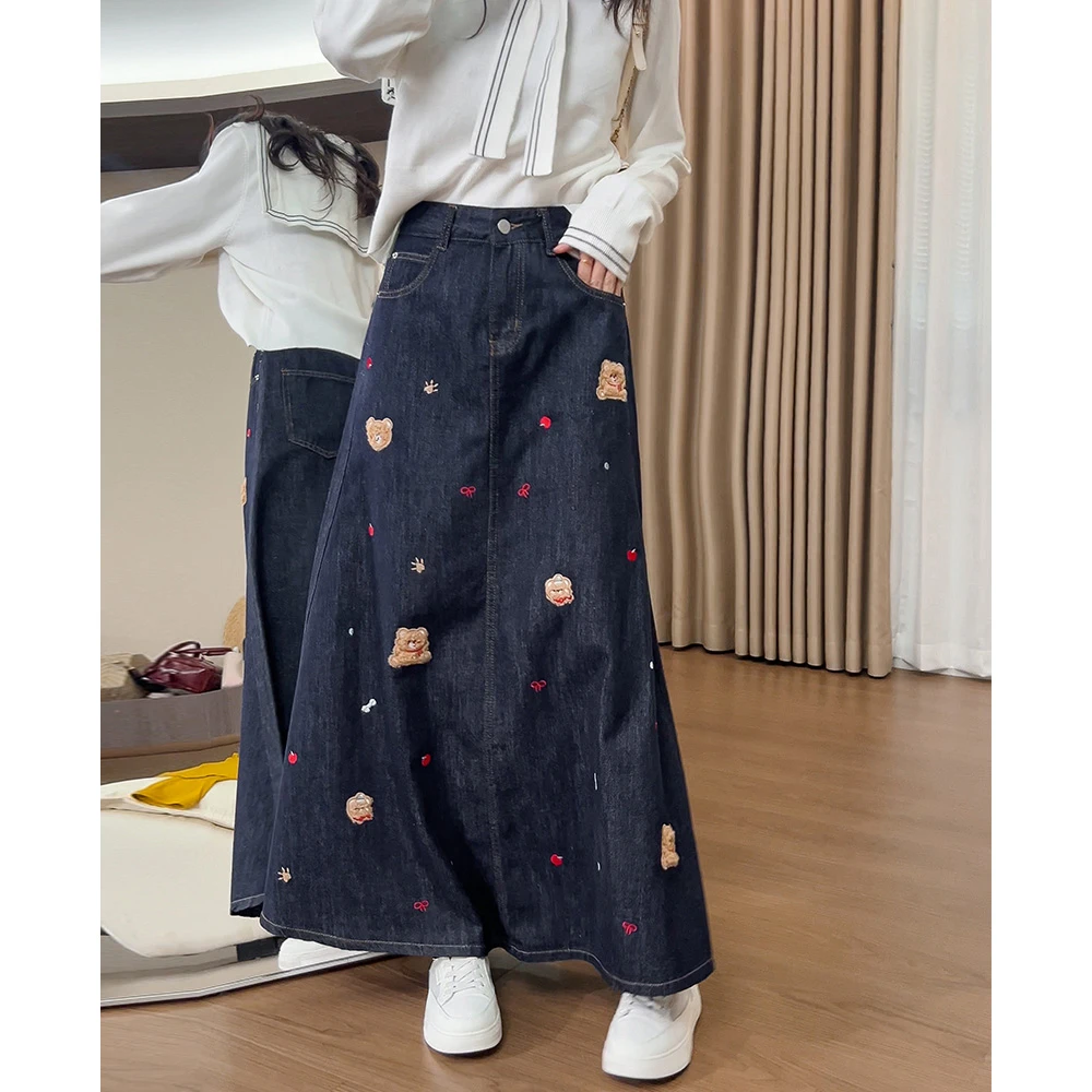 0693秋季小熊高腰百搭牛仔半身裙女2025年女装显瘦宽松中长裙
