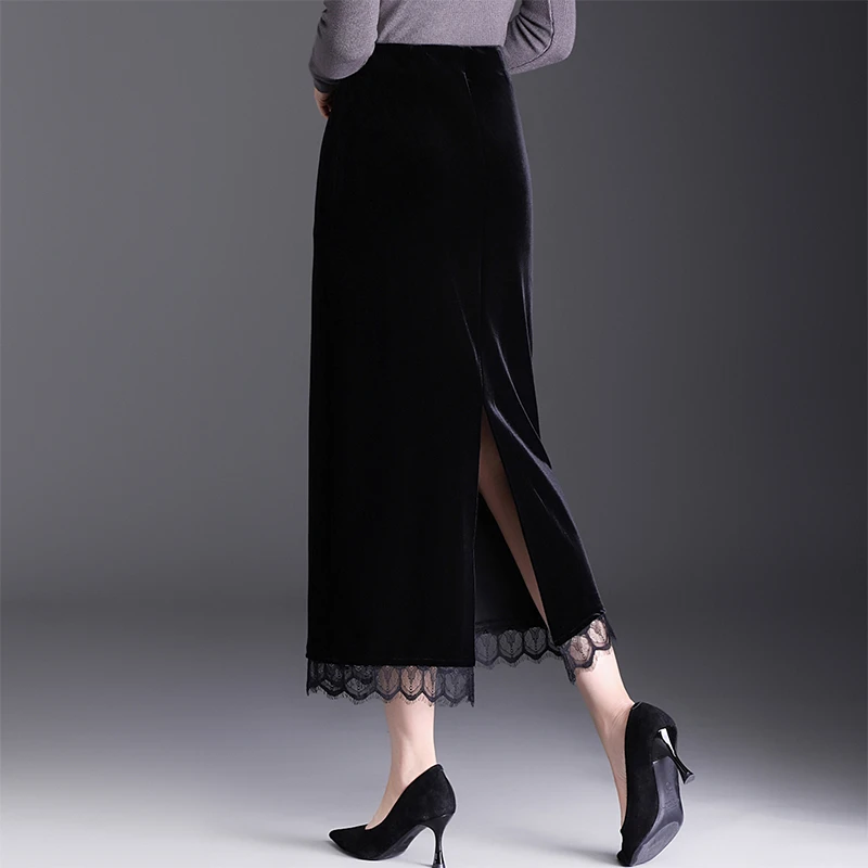 蕾丝花边半身裙金丝绒黑色后开叉包臀裙时尚秋季新款高腰显瘦长裙