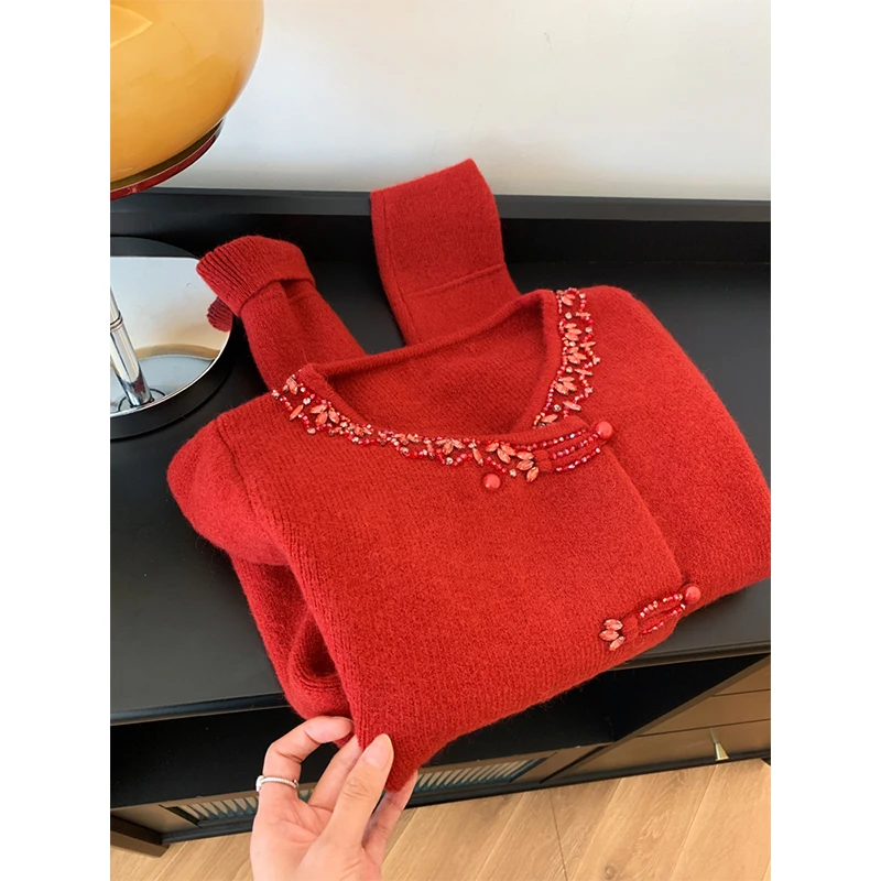 新年服饰新中式国风盘扣红色开衫毛衣女高级感时尚洋气打底衫上衣