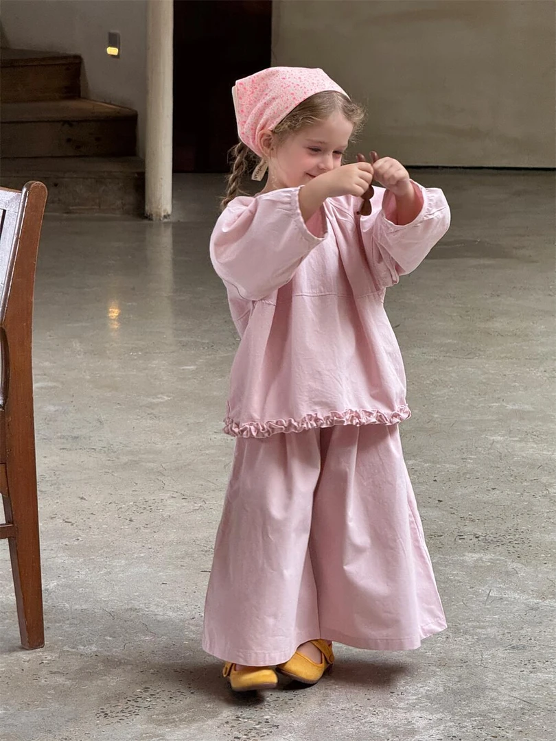 「樱花粉甜心 ｜奶油米慕斯」  纯色休闲棉布衬衫裤子两件套