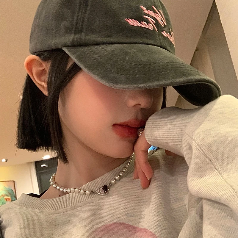 显脸小字母刺绣水洗棒球帽女春夏日系大头围牛仔鸭舌帽可调节