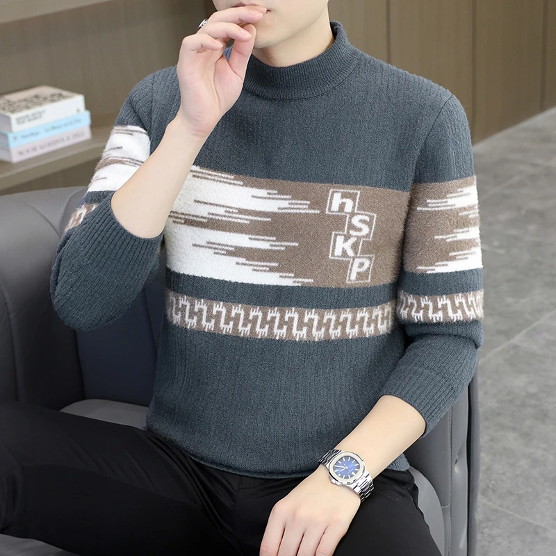 【高品质】2025秋冬季糯米绒时尚印花毛衣男士半高领休闲针织衫9270