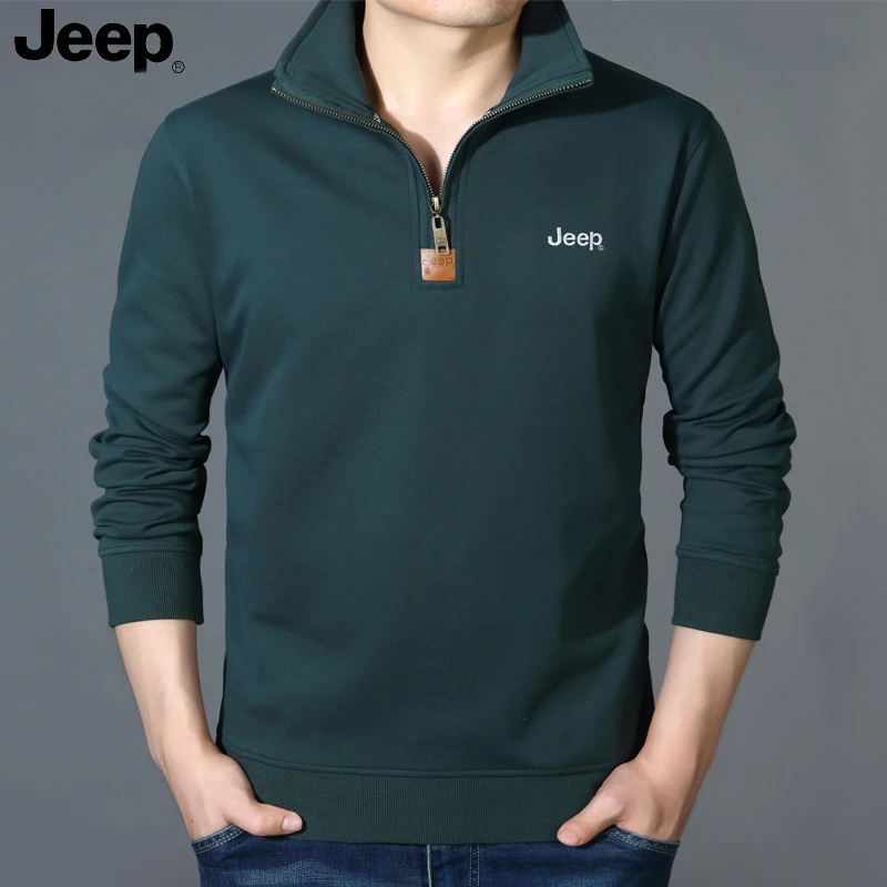 JEEP/吉普男士秋冬长袖T恤休闲宽松大码棉质立领套头半拉链卫衣