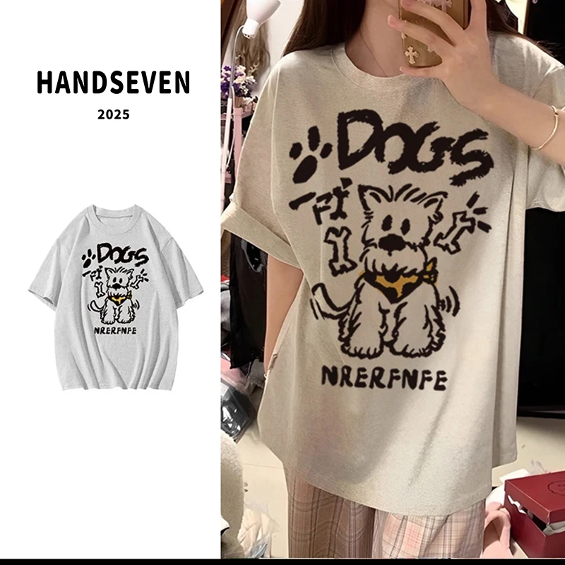 HandSeven夏季百搭印花骨头小狗休闲男女短袖T恤宽松韩版短袖T恤