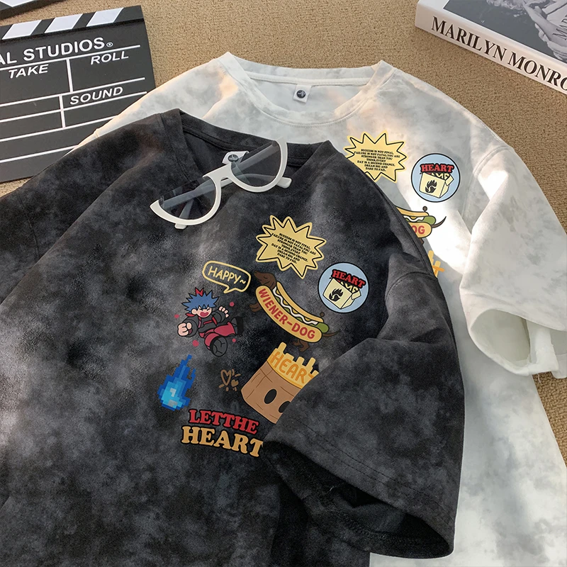 扎染卡通印花短袖t恤男生夏季美式痞帅宽松版型休闲抗皱重磅上衣