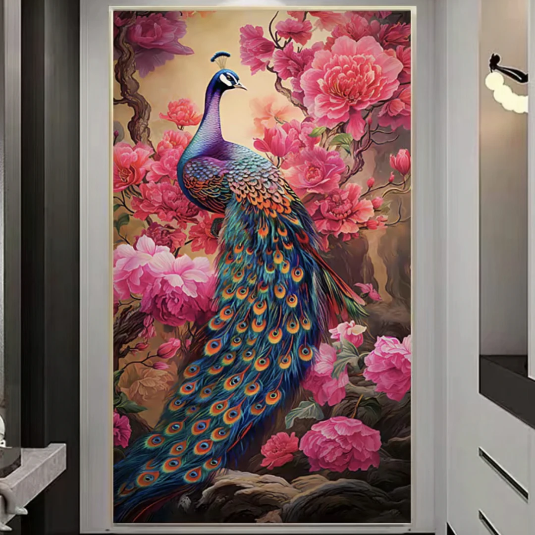 1.4大格纯手工绣好的十字绣成品656竖版牡丹孔雀雍容华贵装饰画