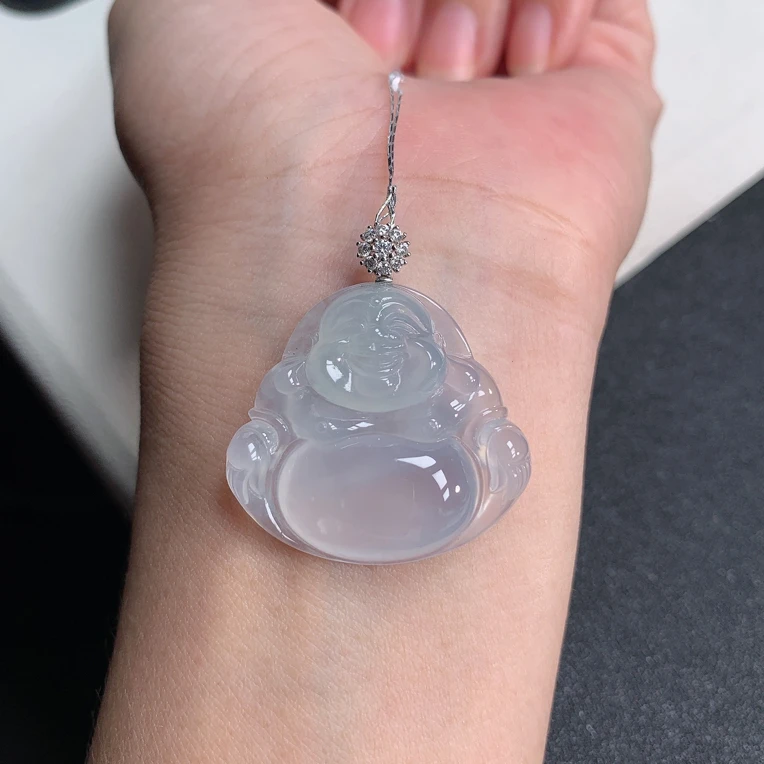 天然缅甸翡翠a货18k金镶嵌冰种起胶佛公吊坠 27x30x6mm