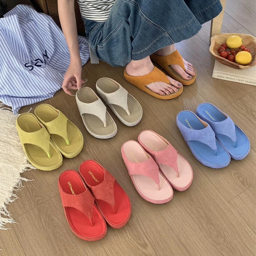 厚底真皮法式小凉拖鞋女鞋子外穿2025新款夏季复古一字拖凉鞋2077