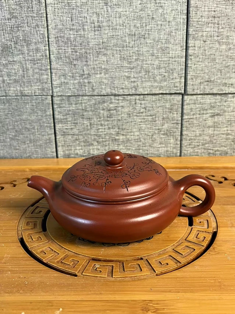 精品纯手工大红袍梅花扁仿古紫砂茶壶