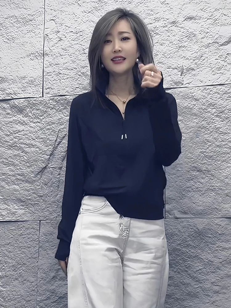 黑色简约风时尚半拉链长袖T恤女2025秋季新款气质显瘦百搭上衣潮