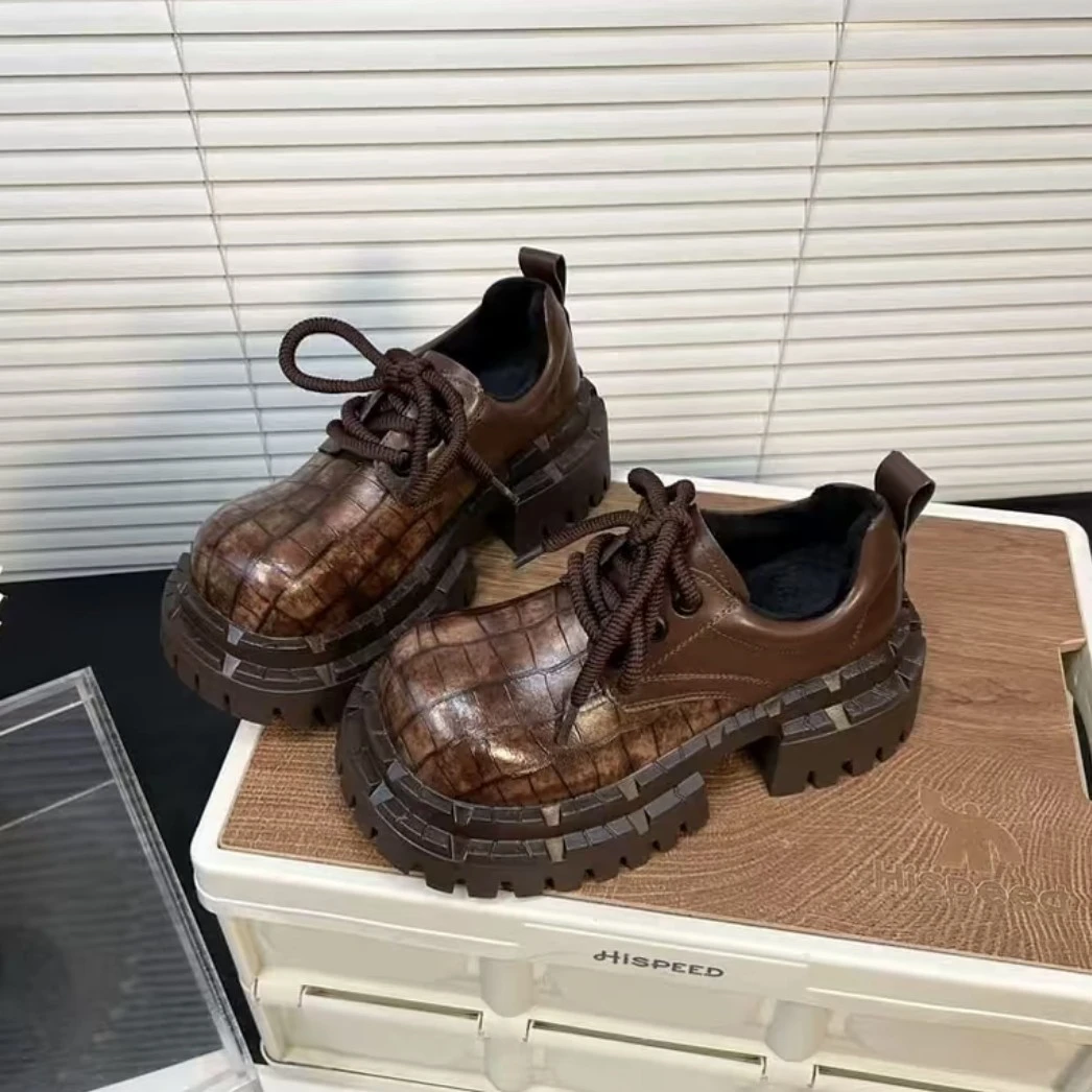 石头纹大头德比鞋小皮鞋秋冬加绒棉鞋软皮松糕厚底圆头系带乐福鞋