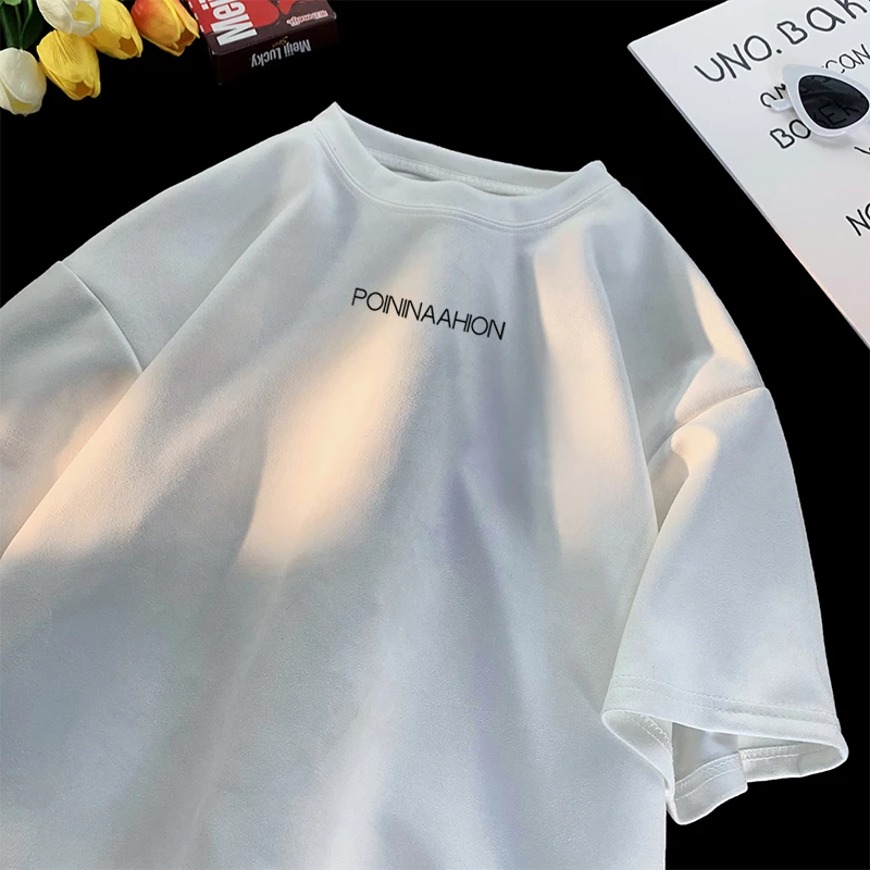 美式重磅痞帅仿麂皮绒短袖T恤男生潮牌印花夏季宽松休闲半袖上衣