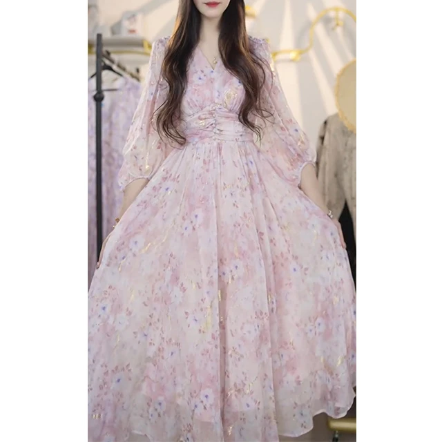 L508温柔风法式超仙雪纺碎花裙收腰显瘦气质v领泡泡袖印花连衣裙