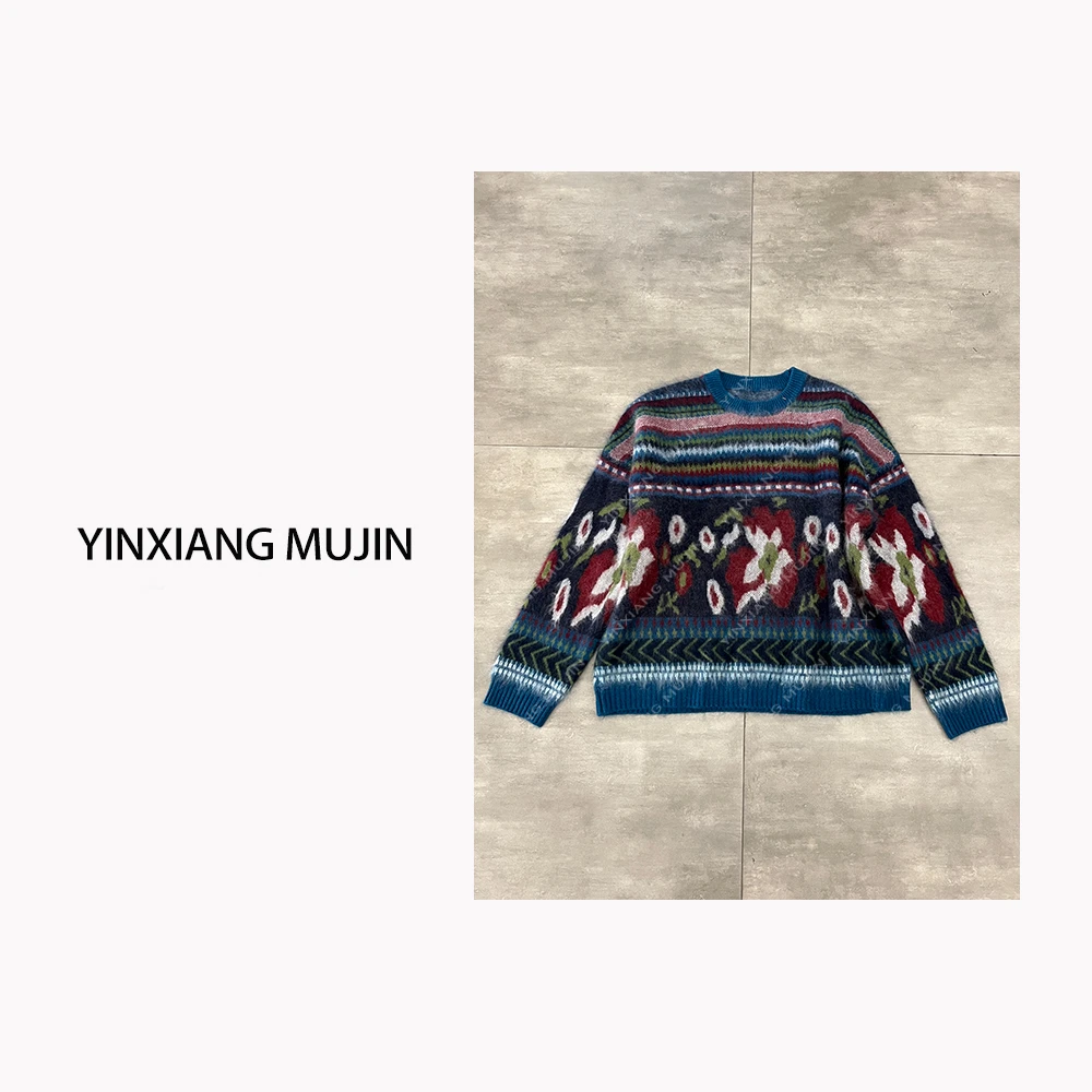 【YINXIANG MUJIN】彩色花毛衣 时尚撞色圆领套头羊毛衫女宽松上衣