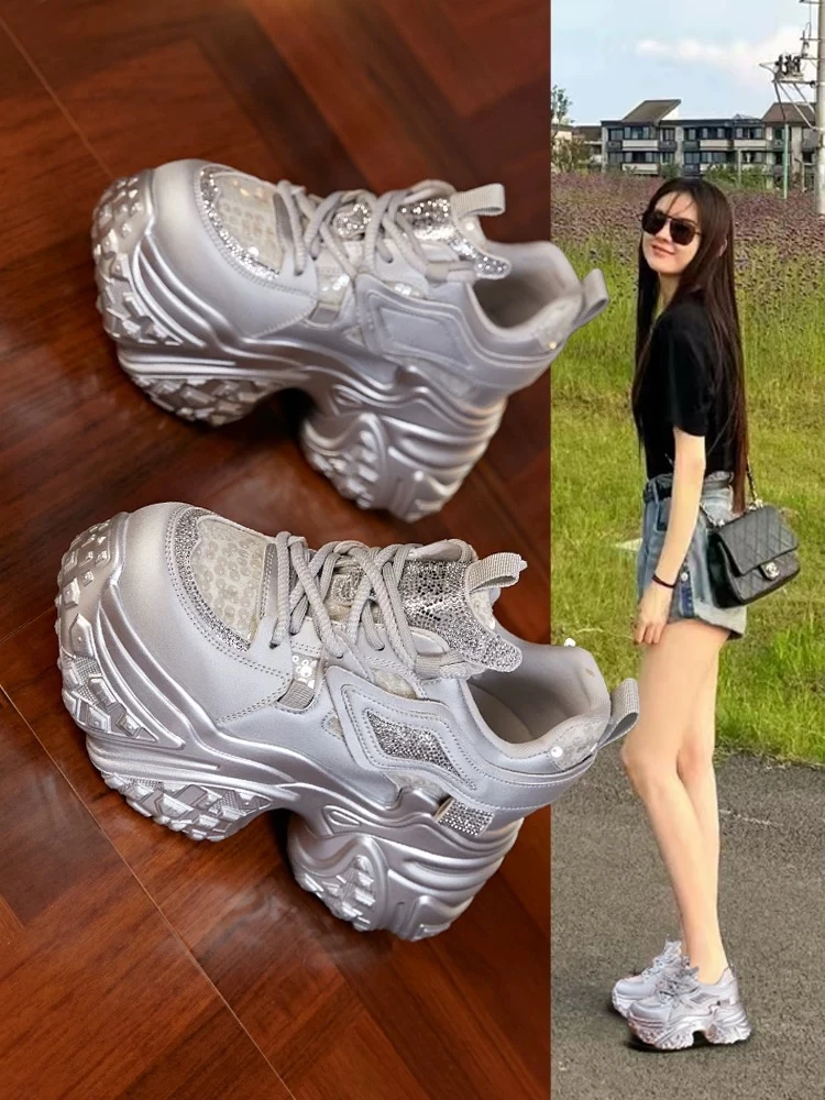 【现货发!】百搭水钻点缀增高老爹鞋女款25秋冬新款高跟厚底休闲女