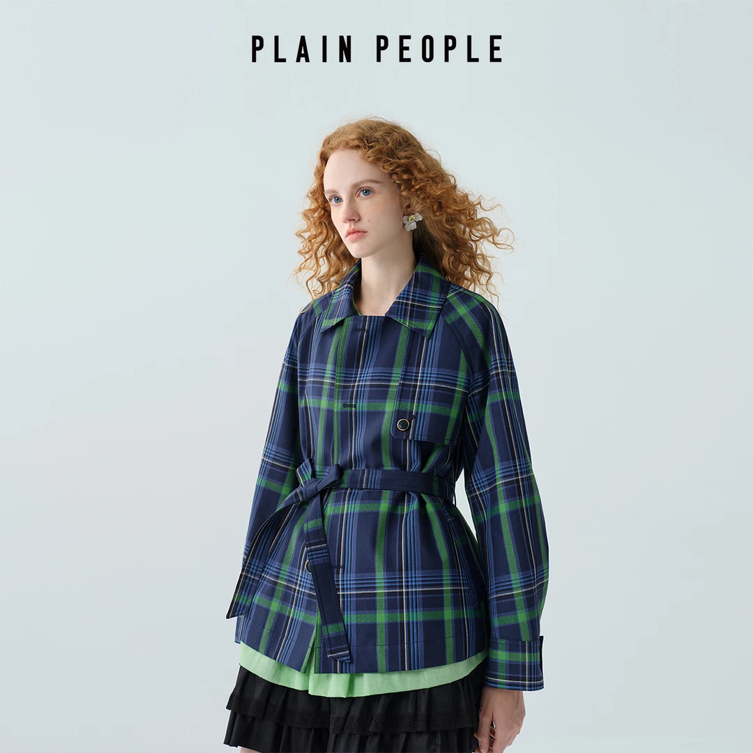 PLAIN PEOPLE复古学院格纹休闲腰带翻领风衣短外套女2025秋季新款