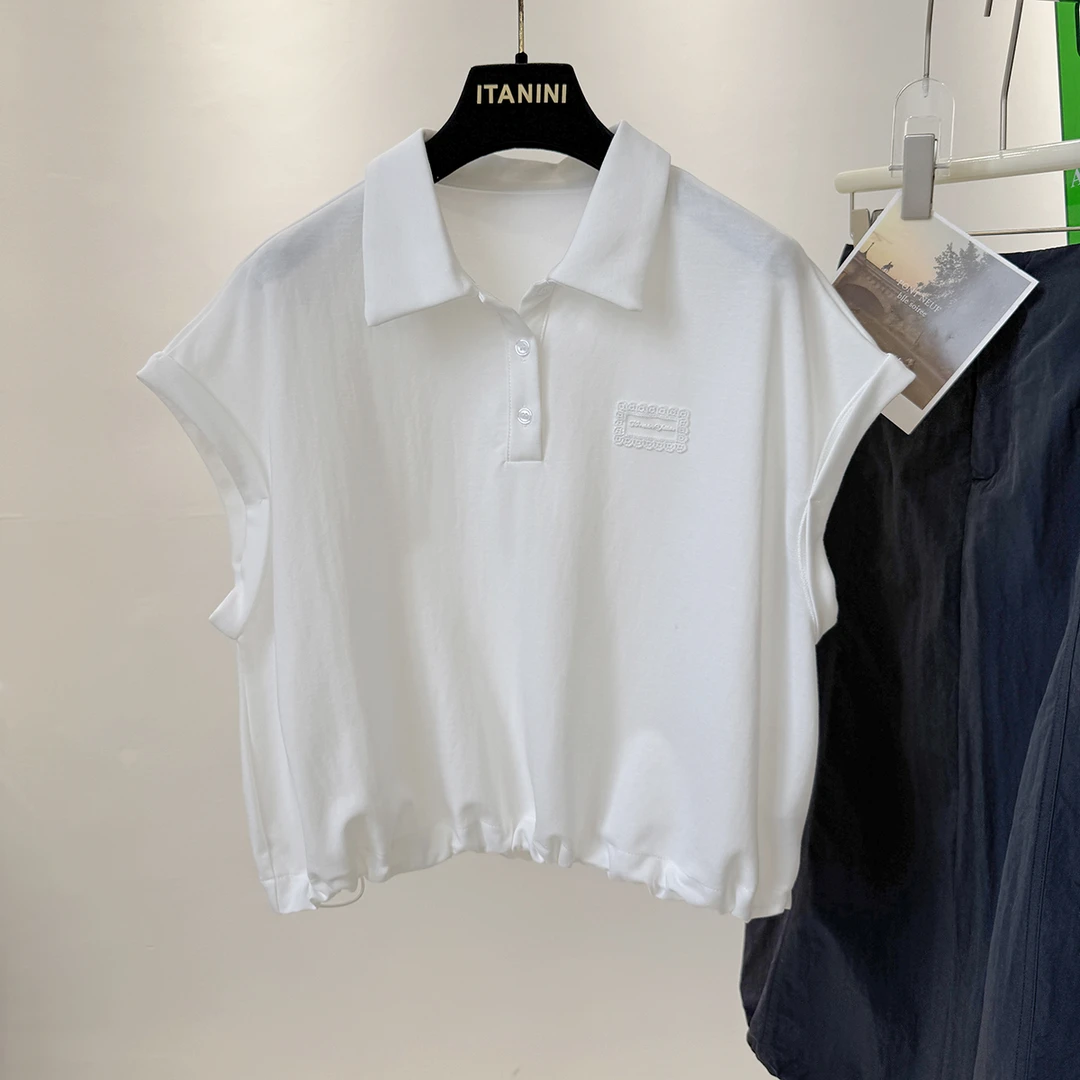 短袖T恤女款2025夏季新款polo领宽松显瘦刺绣韩系小个子宽松上衣