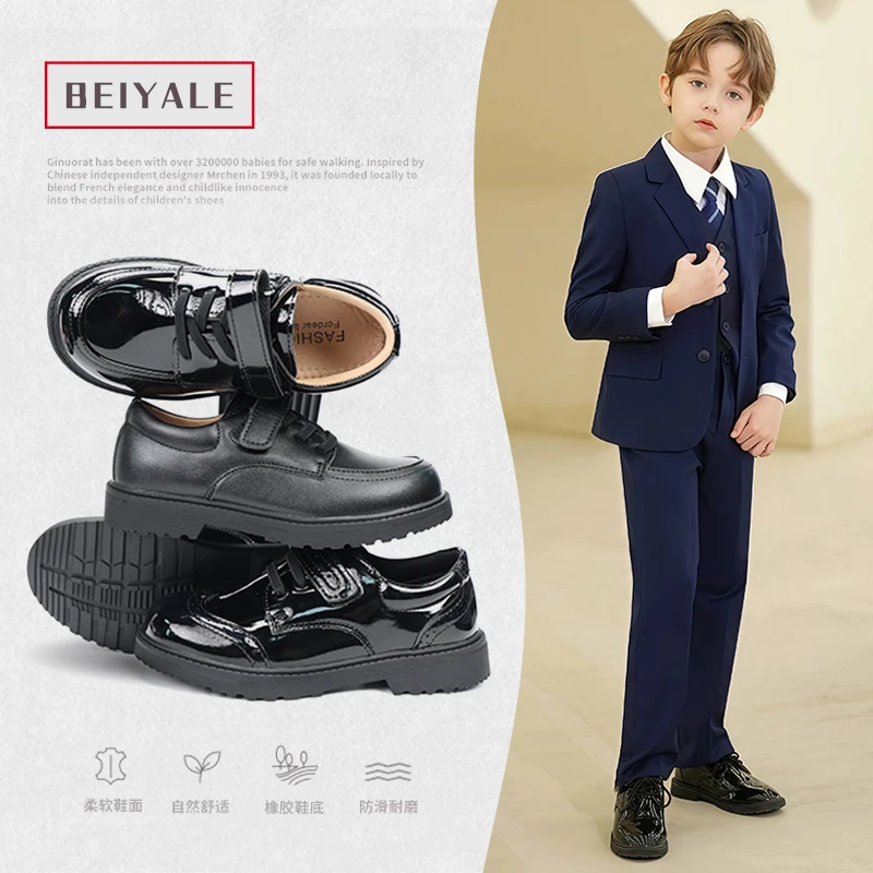 真皮男童皮鞋学生校园牛皮表演鞋软底中大童配西装儿童黑色演出鞋