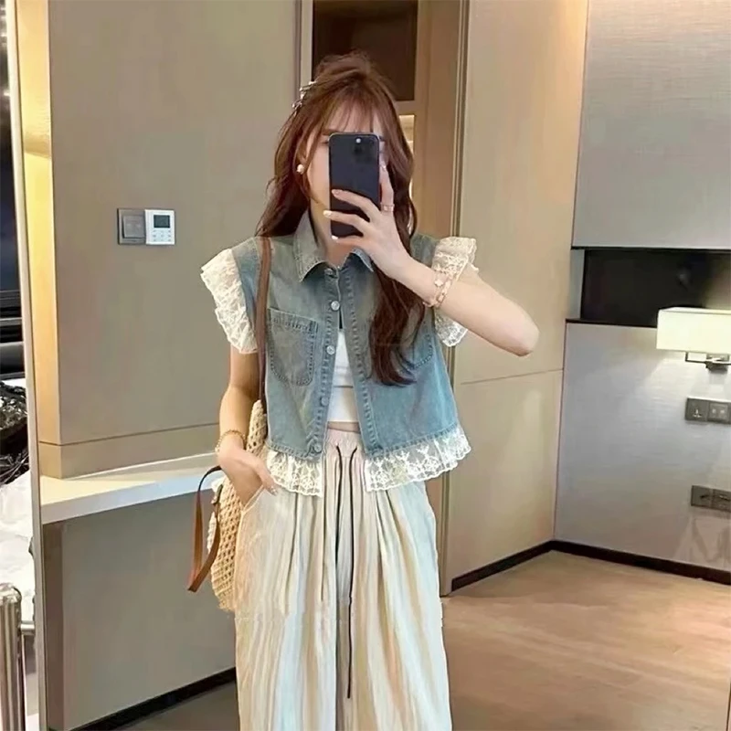 小香风拼接蕾丝短款做旧牛仔外套女夏季2025新款小飞袖Polo领衬衫