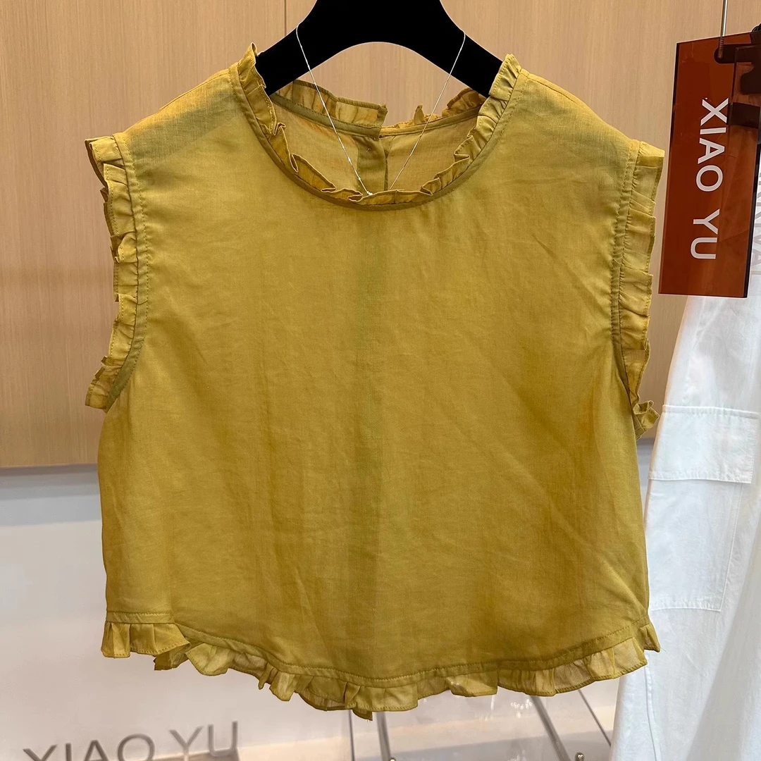 高端欧货夏季时尚新款高级时尚气质木耳边立领亚麻无袖衬衫上衣女