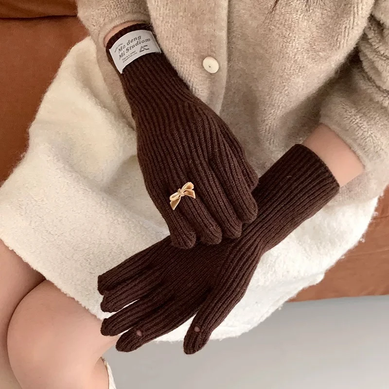 蝴蝶结针织手套女秋冬季保暖防寒可触屏五指毛线骑行