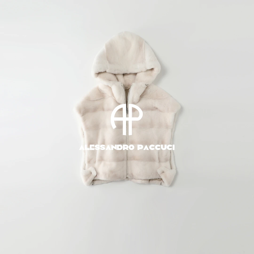 SAGA✖AP洛哥54097CS【冰激凌】进口水貂+桑蚕丝里衬连帽皮草马甲