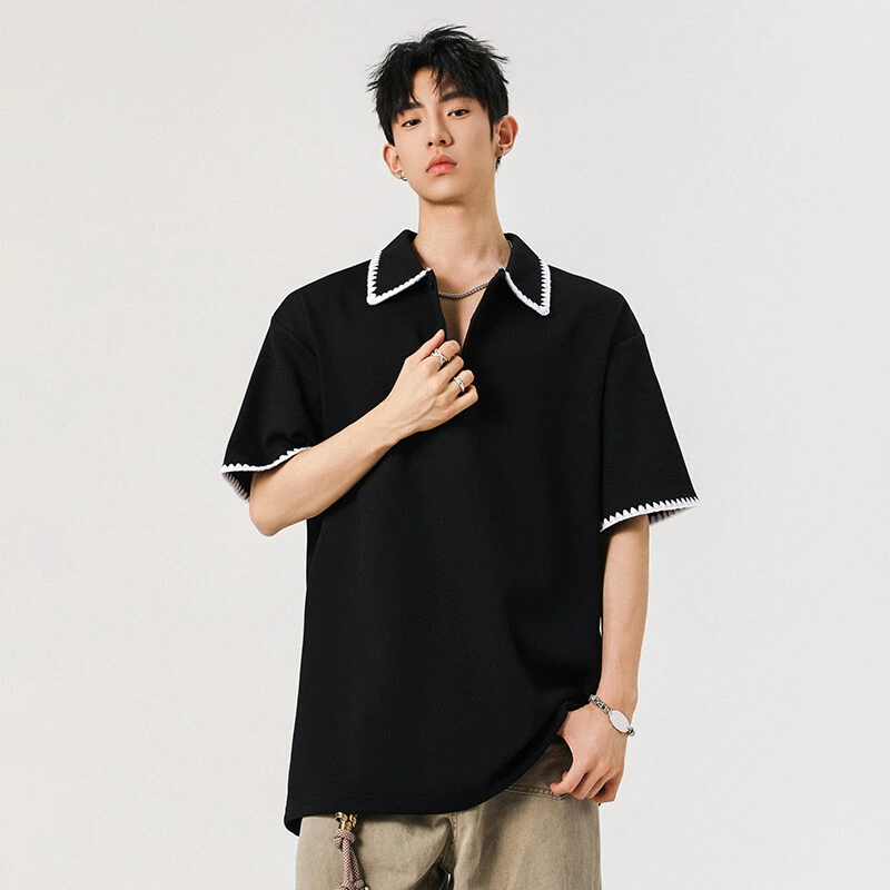 花边撞色短袖polo衫男款夏季高级感痞帅衣服潮牌宽松美式半袖t恤