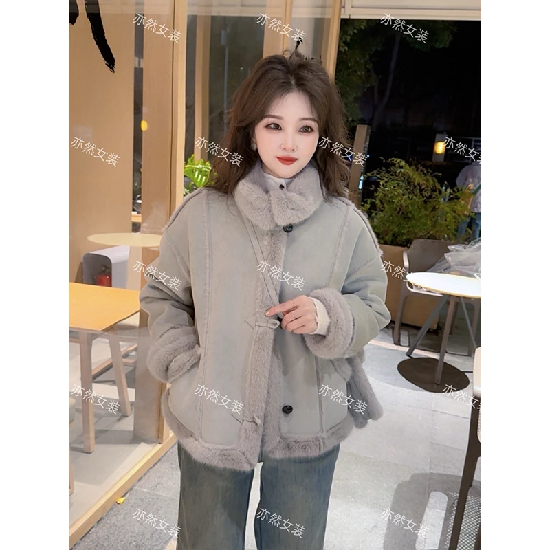 环保毛毛皮毛一体外套女短款2024新款冬季韩版宽松立领机车风休闲