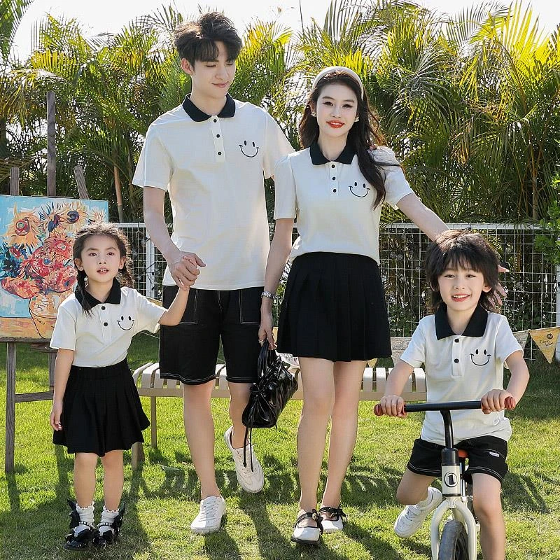 亲子装一家三口高级感夏季短袖Polo衫2025新款母女母子四口T套装