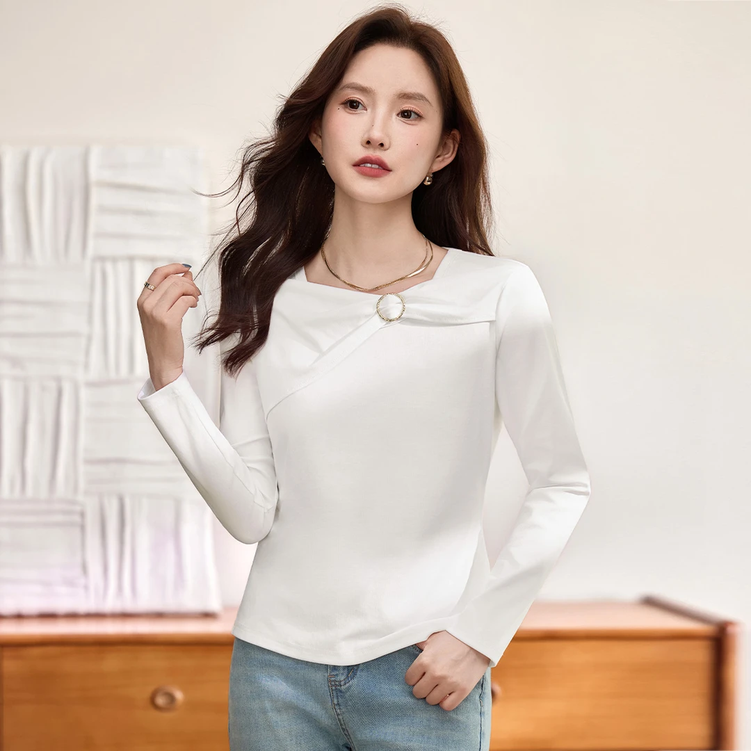 纯欲慵懒风修身U领长袖打底衫秋季新款修身型显瘦百搭正肩T恤内搭