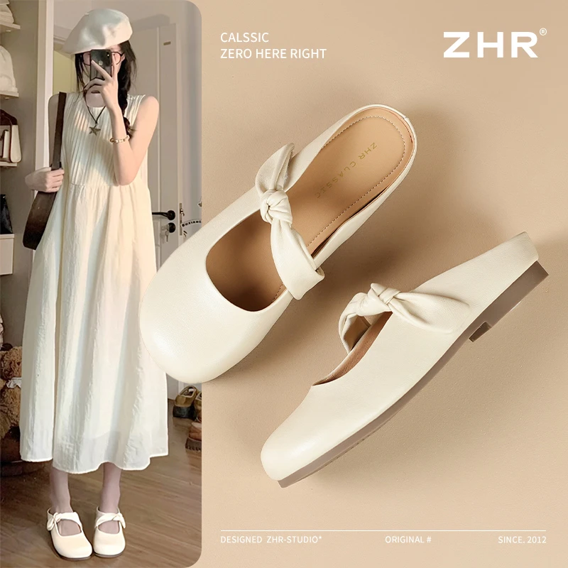 ZHR/则则圆头包头鞋女2025浅口懒人一脚蹬平底单鞋英伦风穆勒拖鞋