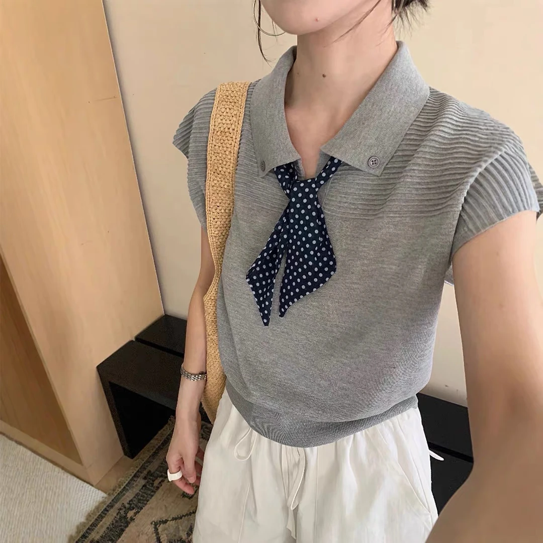 灰灰呀！5239韩系 飘带polo衫气质针织衫