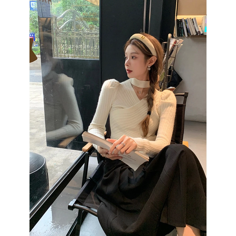 【清仓特惠】CHIYIYI《很欲很爱》白色泡泡袖打底衫高级感V领毛衣女春