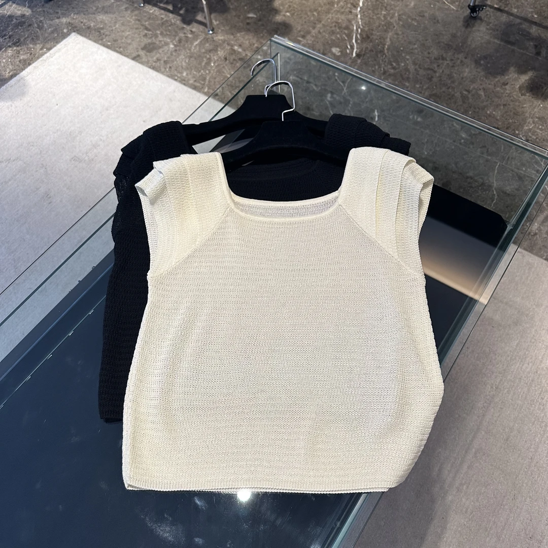 夏季轻奢方领镂空针织短袖