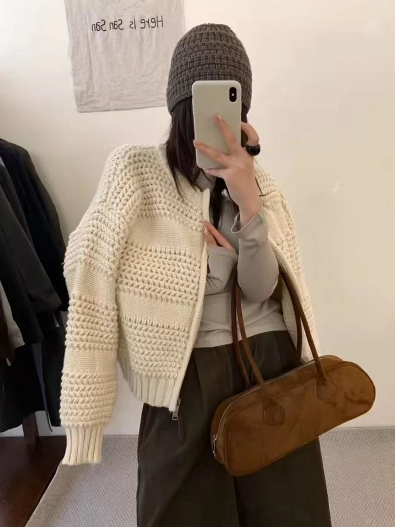 2025秋冬慵懒风保暖纯色拉链开衫厚毛衣女设计感毛衫外套针织上衣